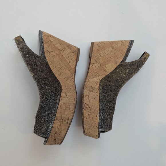 Stuart Weitzman Sparkly Gilver Gold High Wedge Heels, Sz 7.5 - Picture 1 of 4